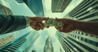 nmm A close up of hands exchanging a wad of currency with a bfc f bb b aacddc